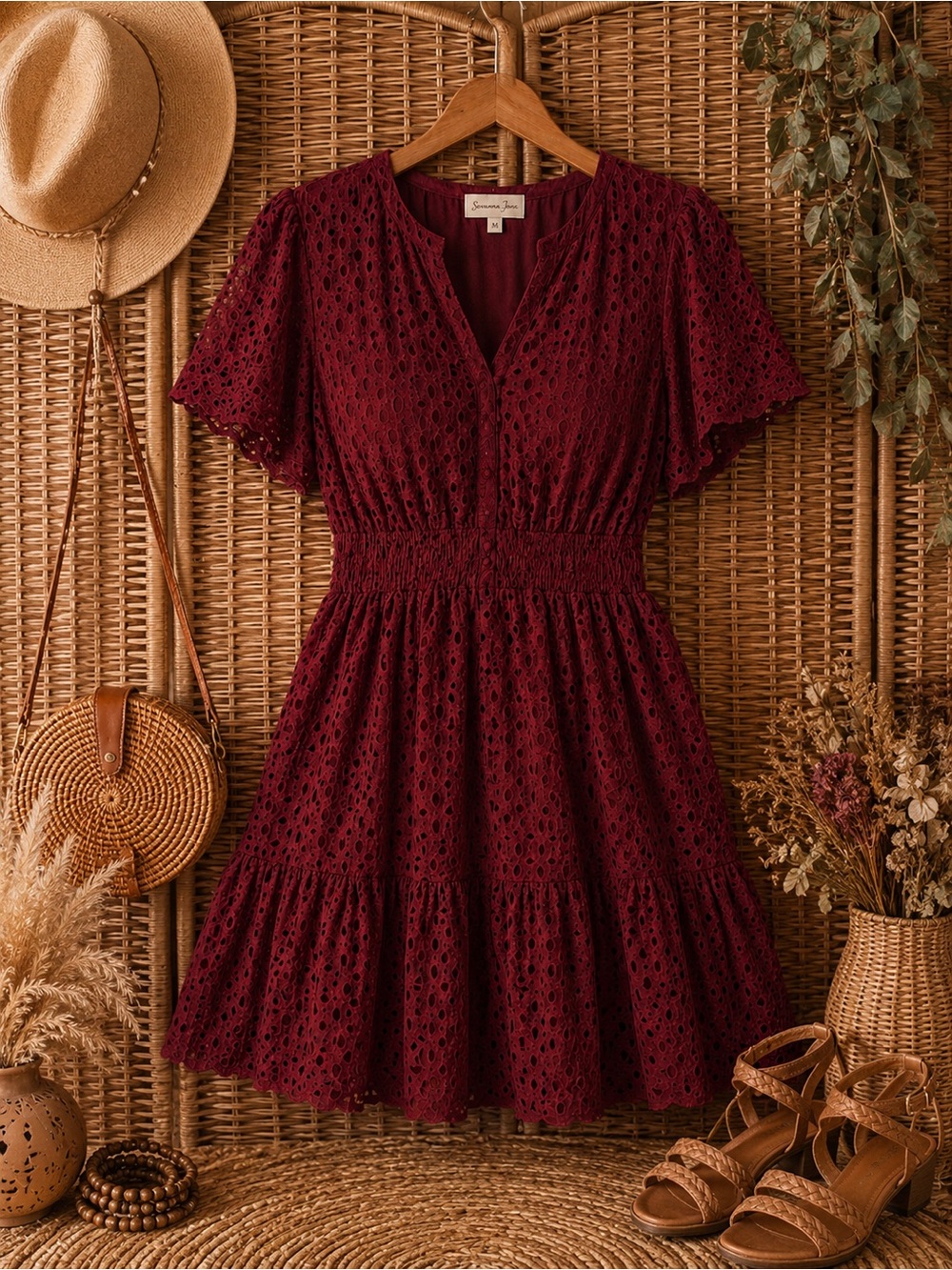 PrettyGarden Burgundy Eyelet Lace Dress XL |  Boho Cottagecore & Flutter Sleeve